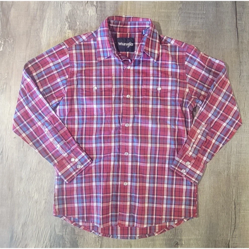 Wrangler Western Pearl Snap Shirt Boys Youth Medium Red‎ Plaid Long Sleeve EUC